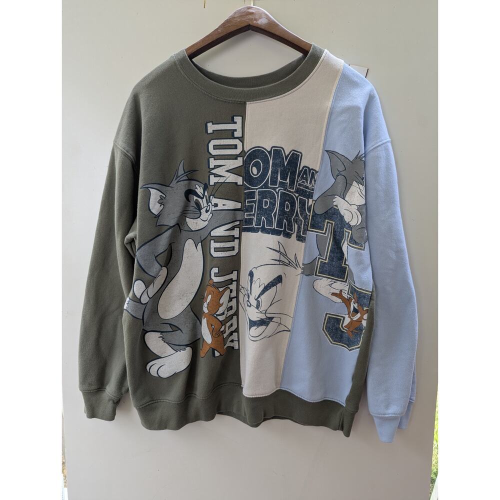 Tom‎ and Jerry Sweatshirt Mens XL Green Artichoke Colorblock Graphic Excellent